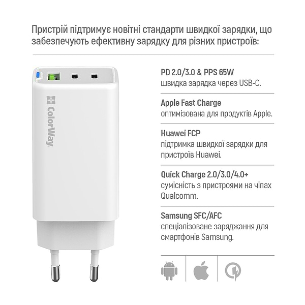 Фото - Сетевое зарядное устройство Colorway GaN Mini 65W PD Port PPS USB cable Type-C&Lightning (CW-CHS058PDCL-WT)