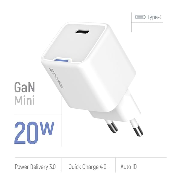 Фото - Мережевий зарядний пристрій Colorway GaN Mini 20W PD Port PPS USB-C White (CW-CHS059PD-WT)