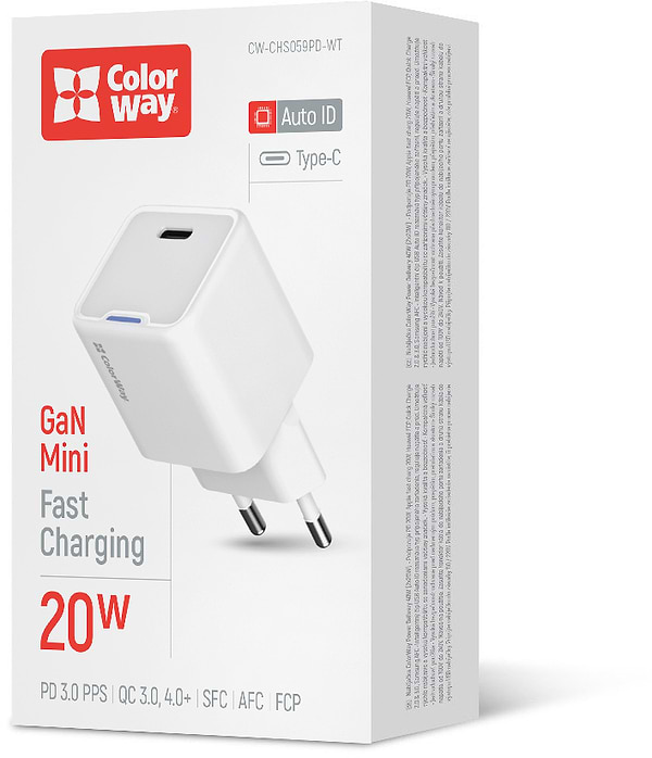 Фото - Мережевий зарядний пристрій Colorway GaN Mini 20W PD Port PPS USB-C White (CW-CHS059PD-WT)