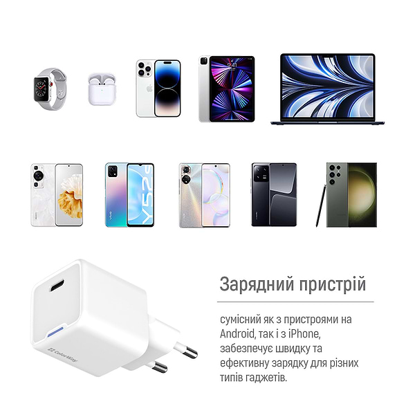 Фото - Мережевий зарядний пристрій Colorway GaN Mini 20W PD Port PPS USB-C White (CW-CHS059PD-WT)