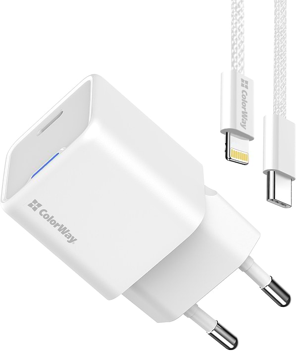 Фото - Мережевий зарядний пристрій Colorway GaN Mini 20W PD Port PPS USB-C White cable Lightning (CW-CHS059PDL-WT)