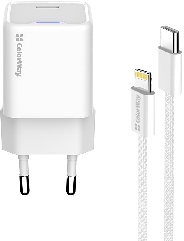 Фото - Мережевий зарядний пристрій Colorway GaN Mini 20W PD Port PPS USB-C White cable Lightning (CW-CHS059PDL-WT)