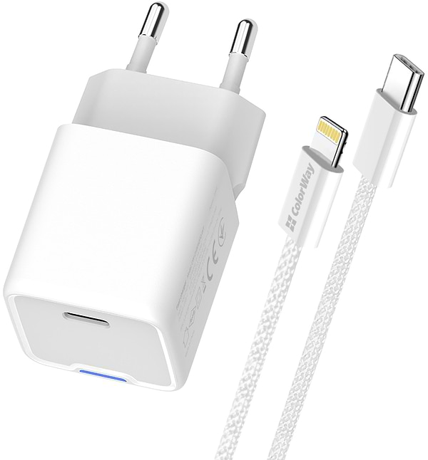 Фото - Мережевий зарядний пристрій Colorway GaN Mini 20W PD Port PPS USB-C White cable Lightning (CW-CHS059PDL-WT)