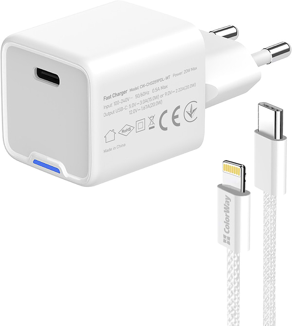 Фото - Мережевий зарядний пристрій Colorway GaN Mini 20W PD Port PPS USB-C White cable Lightning (CW-CHS059PDL-WT)