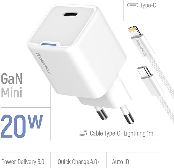 Фото - Мережевий зарядний пристрій Colorway GaN Mini 20W PD Port PPS USB-C White cable Lightning (CW-CHS059PDL-WT)