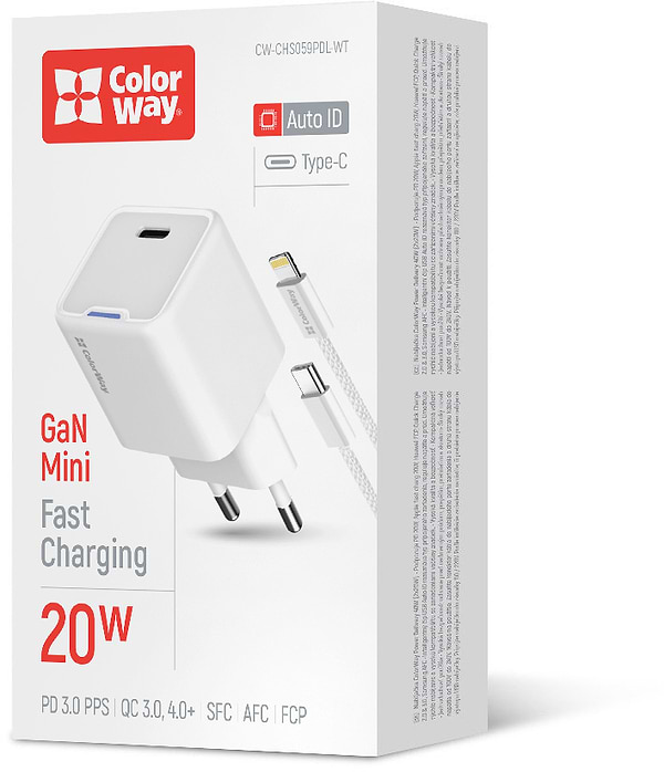 Фото - Мережевий зарядний пристрій Colorway GaN Mini 20W PD Port PPS USB-C White cable Lightning (CW-CHS059PDL-WT)