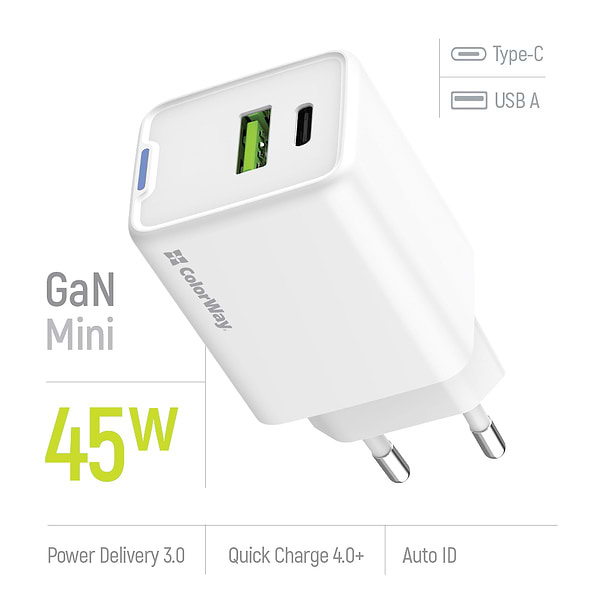 Фото - Мережевий зарядний пристрій Colorway GaN Mini 45W PD Port PPS USB (Type-C PD + USB QC4.0) White (CW-CHS060PD-WT)