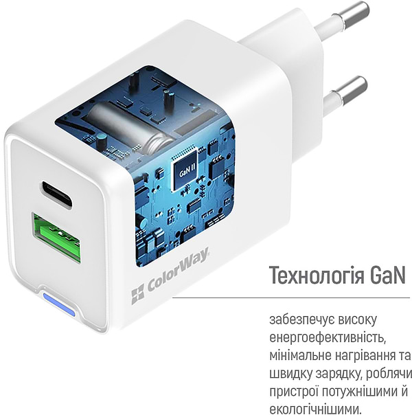 Фото - Мережевий зарядний пристрій Colorway GaN Mini 45W PD Port PPS USB (Type-C PD + USB QC4.0) White (CW-CHS060PD-WT)