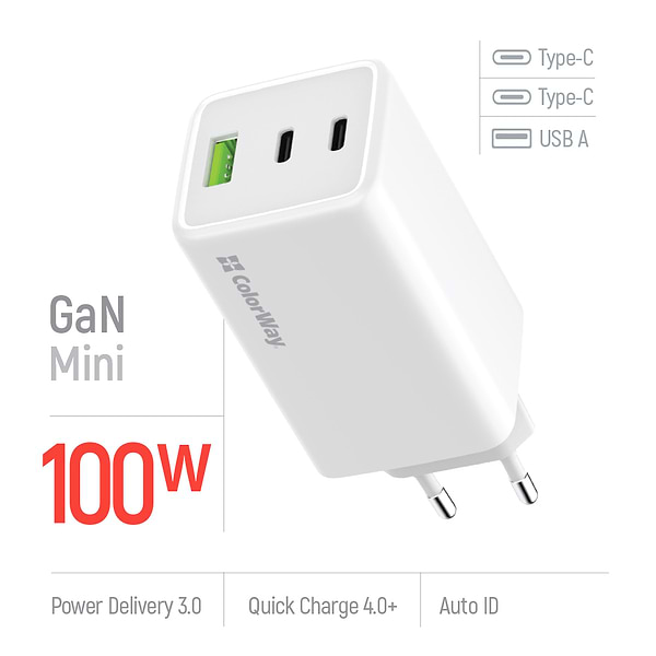 Фото - Мережевий зарядний пристрій Colorway GaN Mini 100W PD Port PPS USB (USB-2C1A) White (CW-CHS061PD-WT)