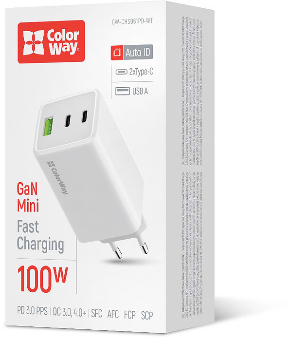 Фото - Мережевий зарядний пристрій Colorway GaN Mini 100W PD Port PPS USB (USB-2C1A) White (CW-CHS061PD-WT)