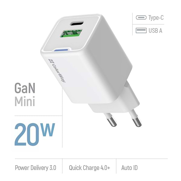 Фото - Сетевое зарядное устройство Colorway GaN Mini 20W PD Port PPS USB Type-C PD + USB QC4.0 (CW-CHS062PD-WT)