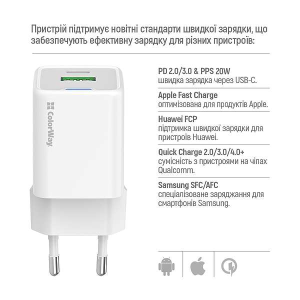 Фото - Сетевое зарядное устройство Colorway GaN Mini 20W PD Port PPS USB Type-C PD + USB QC4.0 (CW-CHS062PD-WT)