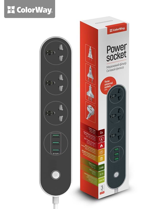 Фото - Мережевий фільтр Colorway 3 розетки/3USB Black 1.8M