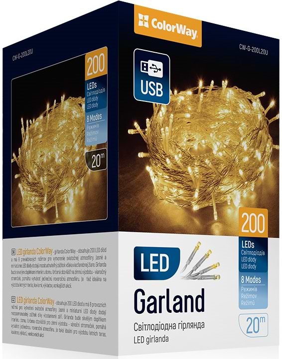 Гірлянда лінійна Colorway LED 200 20м (8 функцій) теплий USB (CW-G-200L20U) - Фото 1
