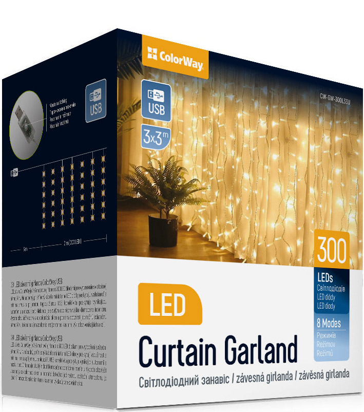 Фото - Гирлянда-штора Colorway 3x3м 300LED теплый цвет USB (CW-GW-300L33U) Фото - Гирлянда-штора Colorway 3x3м 300LED теплый цвет USB (CW-GW-300L33U)