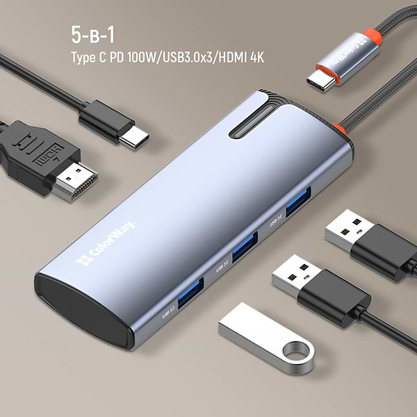 Фото - Хаб USB Colorway USB-C 5-в-1 Type C PD 100W/USB3.0х3/HDMI 4К (CW-HUB01)