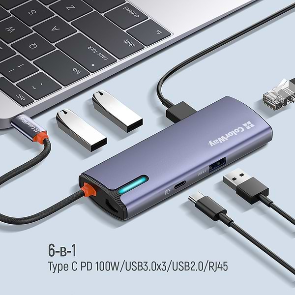 Фото - Хаб USB Colorway USB-C 6-в-1 Type C PD 100W/USB3.0х3/USB2.0/RJ45 (CW-HUB03)