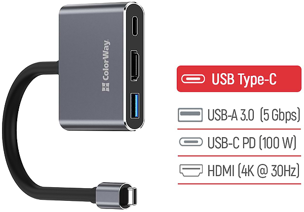 Фото - Хаб USB Colorway USB-C 3-в-1 Type C PD 100W/USB3.0/HDMI 4К (CW-HUB08)