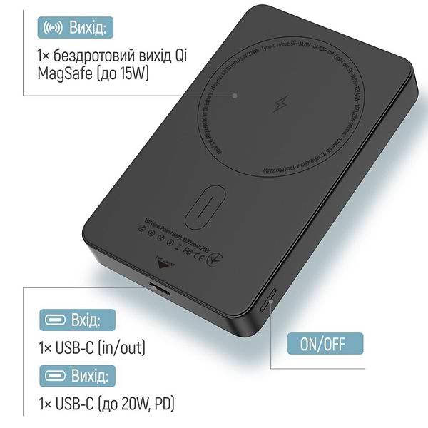 Фото - Батарея мобільна Colorway Power Bank 10 000 mAh 15W MagSafe USB-C PD 20W Black (CW-PB100LPA1BK-WPDD)