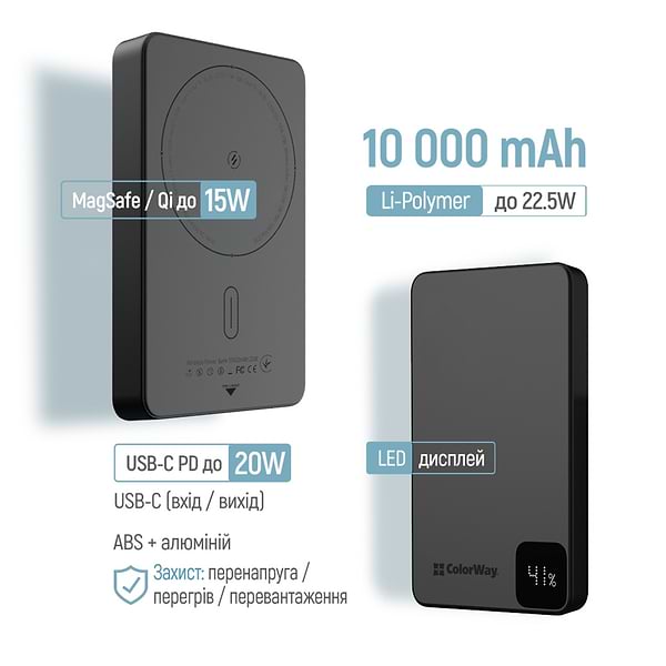 Фото - Батарея мобільна Colorway Power Bank 10 000 mAh 15W MagSafe USB-C PD 20W Black (CW-PB100LPA1BK-WPDD)