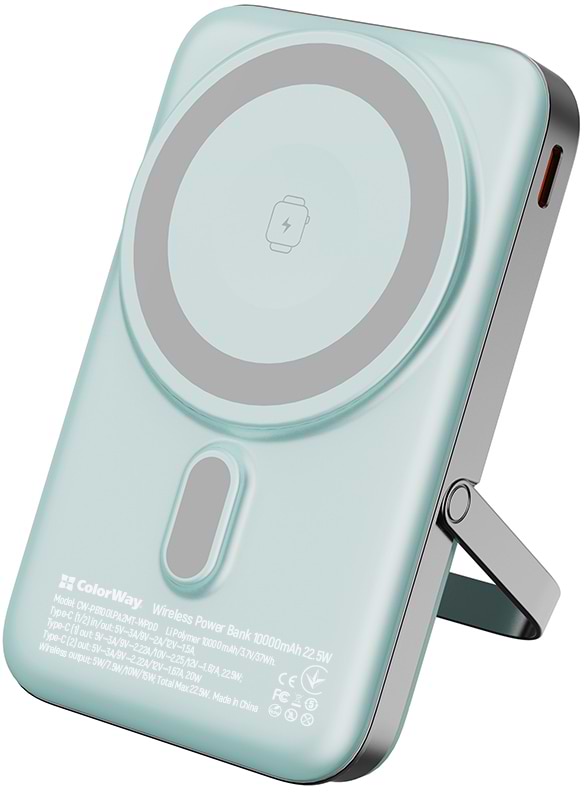 Фото - Батарея мобільна Colorway Power Bank 10 000 mAh 15W MagSafe & Watch Wireless Aquamarine USB-C PD 22.5W (CW-PB100LPA2MT-WPDD)