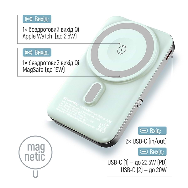Фото - Батарея мобільна Colorway Power Bank 10 000 mAh 15W MagSafe & Watch Wireless Aquamarine USB-C PD 22.5W (CW-PB100LPA2MT-WPDD)