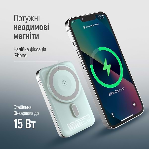 Фото - Батарея мобільна Colorway Power Bank 10 000 mAh 15W MagSafe & Watch Wireless Aquamarine USB-C PD 22.5W (CW-PB100LPA2MT-WPDD)