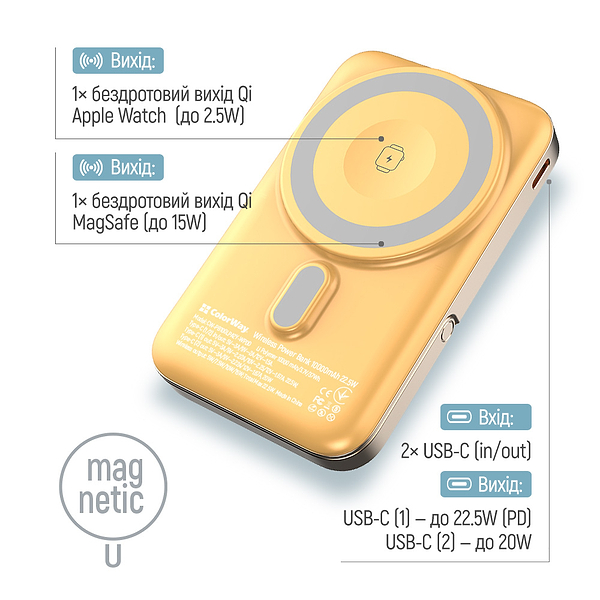 Фото - Батарея мобільна Colorway Power Bank 10 000 mAh 15W MagSafe & Watch Wireless Amber USB-C PD 22.5W (CW-PB100LPA2Y-WPDD)