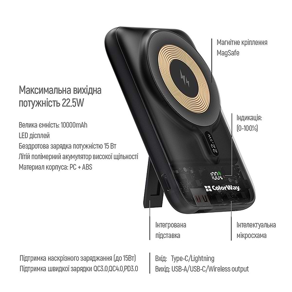 Фото - Уценка - Батарея мобильная Colorway Power Bank 10000 mAh 15W MagSafe Black (CW-PB100LPA3BK-WPDD)