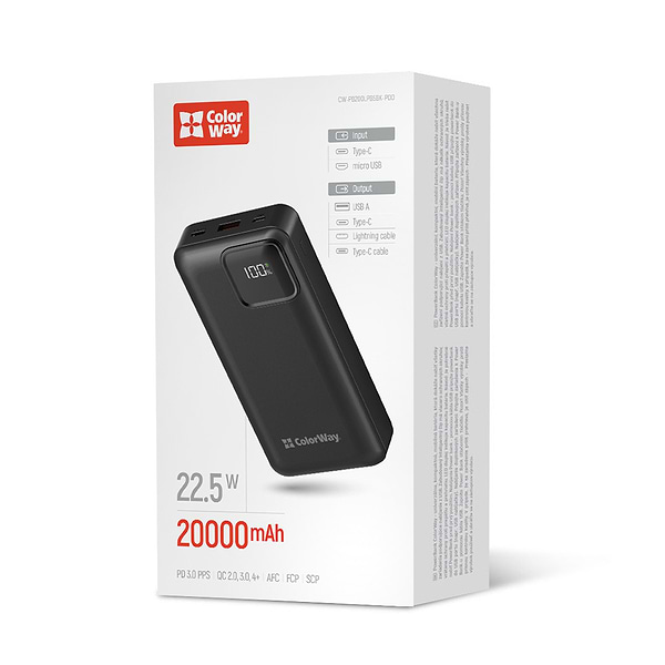 Фото - Батарея мобільна Colorway Power Bank 20000 mAh Optimal Power USB QC3.0 + USB-C PD22.5W Black (CW-PB200LPB5BK-PDD)