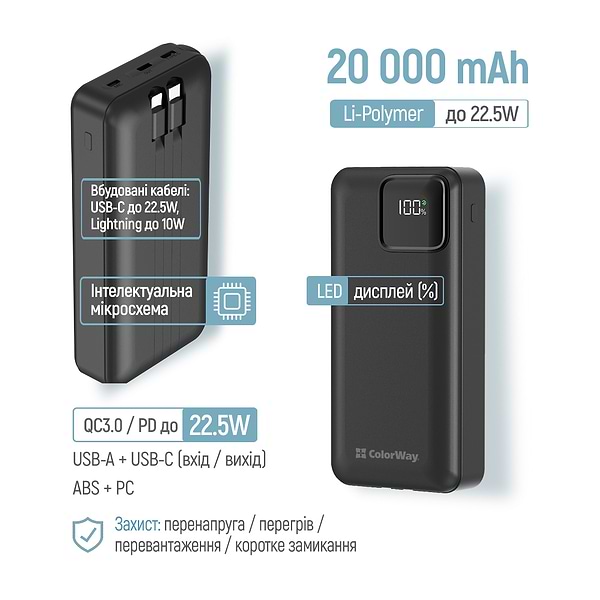 Фото - Батарея мобільна Colorway Power Bank 20000 mAh Optimal Power USB QC3.0 + USB-C PD22.5W Black (CW-PB200LPB5BK-PDD)