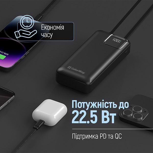 Фото - Батарея мобільна Colorway Power Bank 20000 mAh Optimal Power USB QC3.0 + USB-C PD22.5W Black (CW-PB200LPB5BK-PDD)