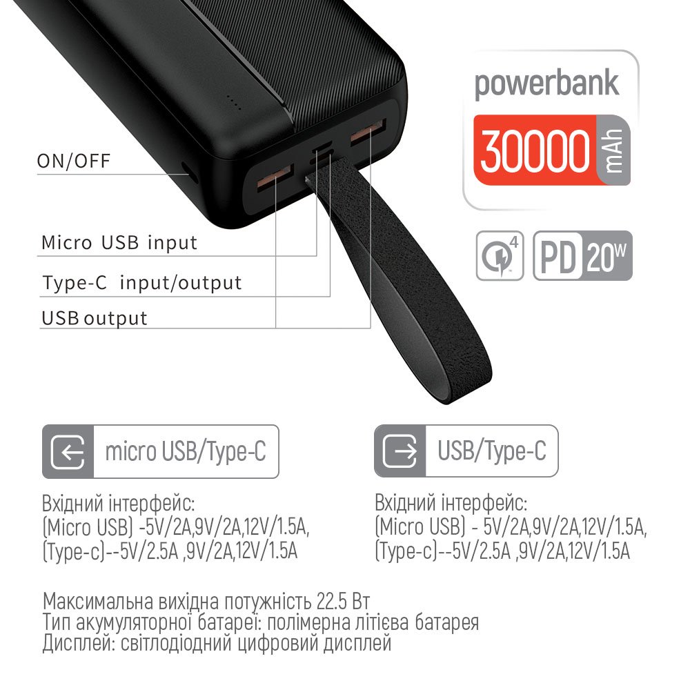 Фото - Батарея мобильная Colorway High-power 2 30 000 mAh Power Delivery 22.5W Black (CW-PB300LPC2BK-PD)