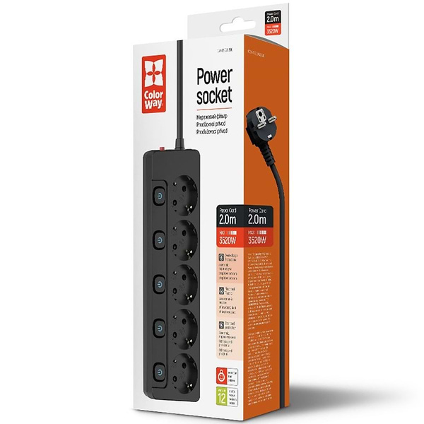 Фото - Мережевий фільтр Colorway 5 р 2 м Black (CW-PSEA52SBK)