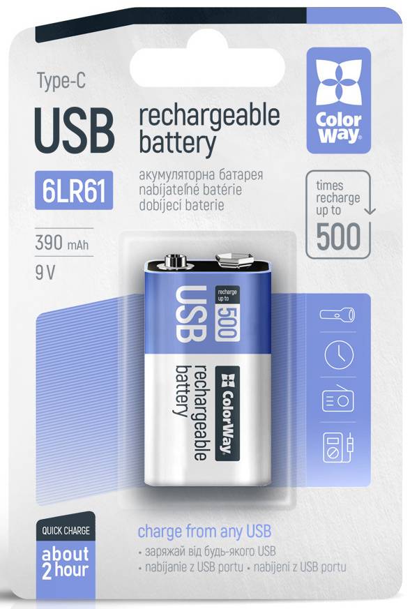 Елемент живлення тип 9V/6LR61 Colorway USB-С 390 мАг 9В (CW-UB9V-06) - Фото 1