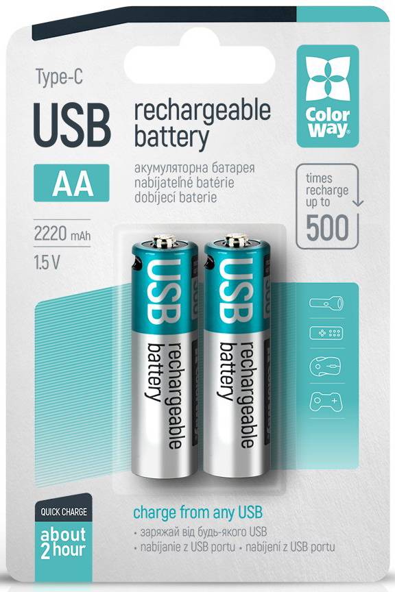 Купить Аккумулятор тип AA Colorway USB-С 2200 мАЧ 1.5В 2 шт. (CW-UBAA-10) - Фото 1 Аккумулятор тип AA Colorway USB-С 2200 мАЧ 1.5В 2 шт. (CW-UBAA-10) - Фото 1