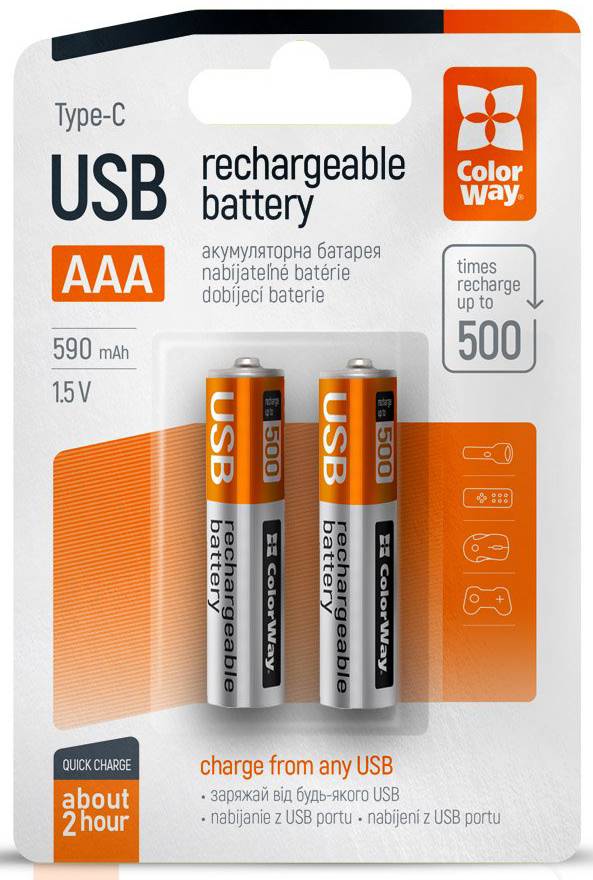 Фото - Акумулятор тип AAA Colorway USB-С 590 мАЧ 1.5В 2 шт. (CW-UBAAA-09)