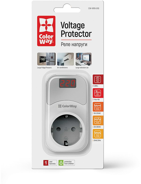 Фото - Автомат защиты от всплесков напряжения Colorway 16A/3680W 150V-210V/230V-280V DS1 White (CW-VR16-01D)