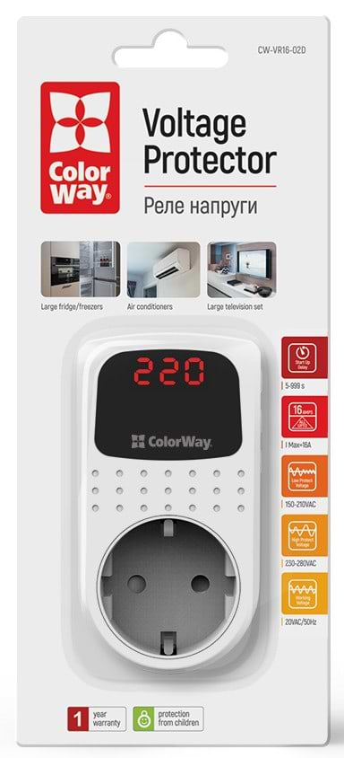 Автомат захисту від сплесків напруги Colorway 16A/3680W 150V-210V/230V-280V DS2 White (CW-VR16-02D) - Фото 1