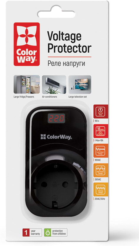 Фото - Автомат защиты от всплесков напряжения Colorway (16A/3680W) 150V-210V/230V-280V DS4 Black (CW-VR16-04D)