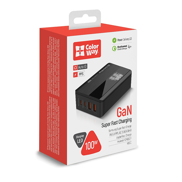 Фото - Мережевий зарядний пристрій Colorway Power Delivery GaN (2USB-A + 2USB TYPE-C) (100W) Black (CW-CHS041PD-BK)