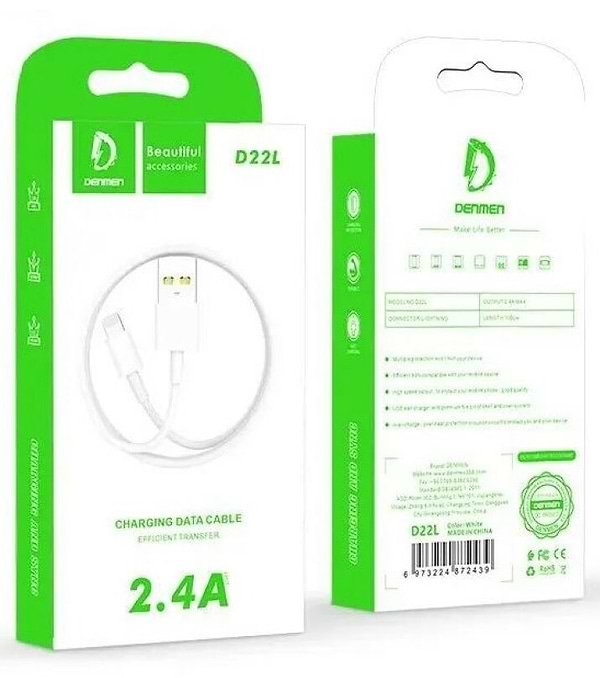 Фото - Кабель синхронизации данных Denmen Lightning 2.4A 1m White (D22L-WH)