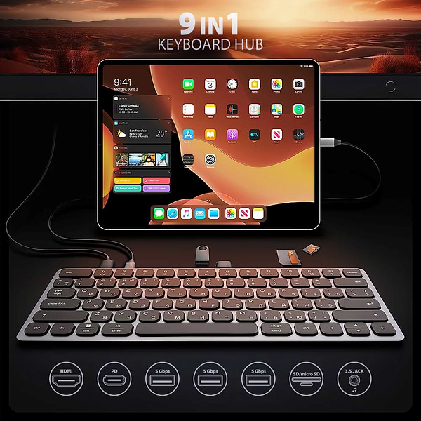 Фото - Клавиатура проводная AXAGON HMC-KB USB-C 5Gbps KEYBOARD 9in1 hub, EN/UA layout, Silver/Black (HMC-KB-CRL)