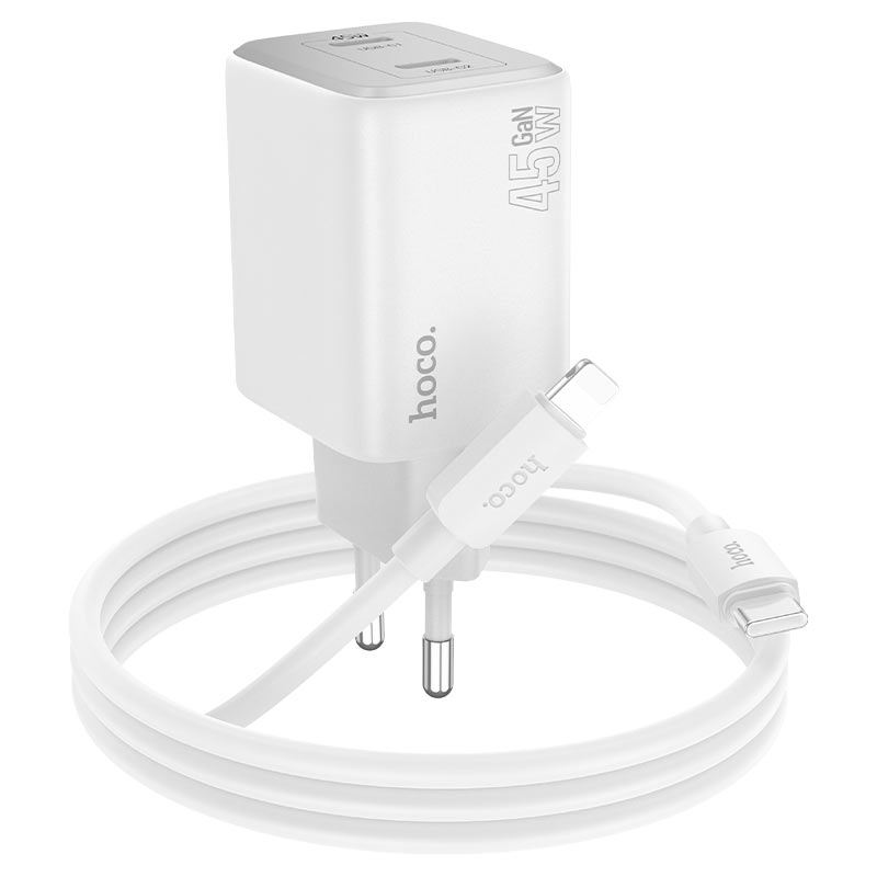 Сетевое зарядное устройство HOCO N42 PD45W(2C) charger set (C to iP) White (6942007617116)