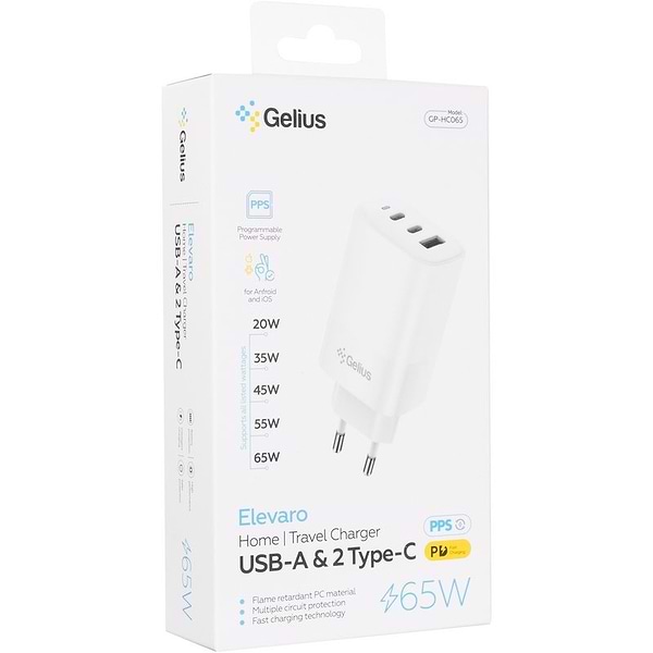 Фото - Сетевое зарядное устройство Gelius Elevaro GP-HC065 65W USB+2Type-C (QC/PD/PPS) +кабель One Type-C to Type-C White (101369)