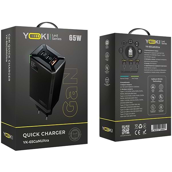 Фото - Мережевий зарядний пристрій YOKI Led Series GaN Ultra PD 65W Black (YK-65)
