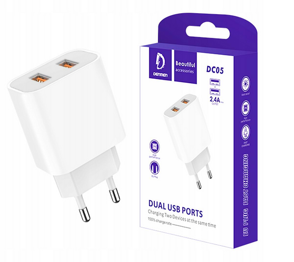 Фото - Уцінка - Мережевий зарядний пристрій Denmen DC05 2.4A 2USB White (DM-DC05-WH)