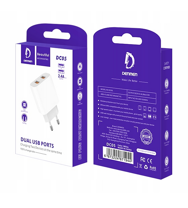 Фото - Уцінка - Мережевий зарядний пристрій Denmen DC05 2.4A 2USB White (DM-DC05-WH)