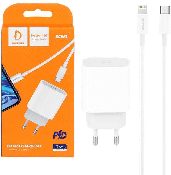 Фото - Мережевий зарядний пристрій Denmen DC06 20W 3.6A USB-C White з кабелем Type-C - Lightning (DM-DC06L-WH)