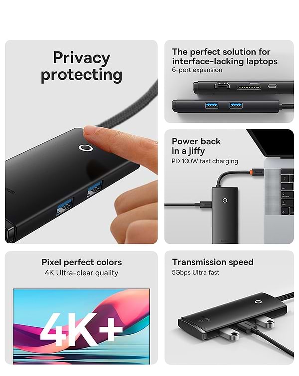 Фото - Хаб USB Baseus Type-C to HDMI+USB3.0*2+Type-C Data+SD/TF Black (WKQX050001)